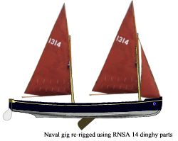 30' naval gig rerigged with RNSA 14 dinghy components